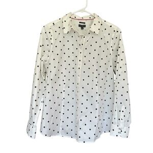 Talbots Shirt Long Sleeve Button Down Cream with Black Polka Dots Size 12 Petite